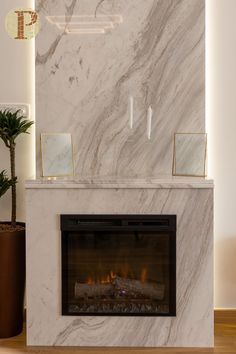 a marble fireplace in a living room next to a potted plant