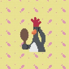 a cross stitch pattern with an image of a chicken holding a spoon in it's hand