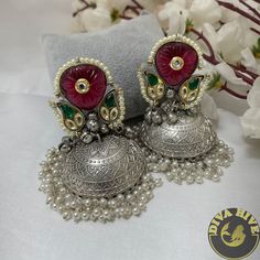 Delicate Mughlai Jhumka | Diva Exclusive Jhumka | Silver Jhumka - Earring -925Silver Elegant Dual-tone Jhumkas For Diwali, Elegant Dual-tone Jhumkas For Festive Occasions, Elegant Dual-tone Danglers For Festive Occasions, Festive Dual-tone Danglers For Celebration, Festive Chandbali Jhumkas For Navratri, Party Chandbali Jhumkas With Peacock Design, Peacock Design Chandbali Jhumkas For Party, Party Peacock Design Chandbali Jhumkas, Anarkali Style Chandbalis With Latkans For Eid