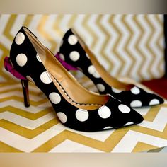 So Cute!! They Have A Skirt!!! These Nwot Betsey Johnson “Harbur” Pumps Have Only Been Worn Inside To Try Them On. They Are Black With White Polka Dots, Pointed Toe Pumps With A Purple Skirt Detail Around The Heel!! Size 6.5, Heel Is Fabric Covered And 3” High. Faint Glue Detail On Midshoe Where It Meets The Sole (See Photos For Detail) Polka Dot Heels For Spring, Polka Dot Round Toe Heels For Parties, Polka Dot Fitted Heels For Party, Chic Polka Dot Heels With Round Toe, Chic Polka Dot Heels For Spring, Polka Dot Heels For Formal Occasions, Elegant Polka Dot Heels With Pointed Toe, Elegant Polka Dot Pointed Toe Heels, Pretty High Heels