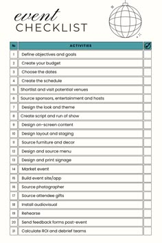 Event checklist with activities to start planning a corporate event such as define goals, create budget, shortlist venues and post-event activities such as send feedback forms. There is a box to check each of these tasks off when completed. Event Planning Technique, Event Schedule Design Layout, Event Management Aesthetic, Event Planner Checklist, Wedding Vendors Checklist, Event Management Ideas, Event Planner Branding, Event Planning Board, Event Planning Checklist Templates