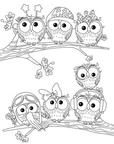 three owls sitting on a tree branch coloring page