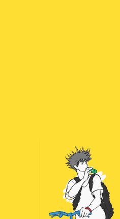 an anime character is standing in front of a yellow background with his hand on his face