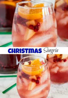 christmas sangria with oranges, cranberries and pomegranate in glasses