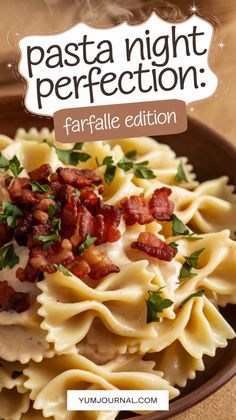 pasta with bacon and parsley in a brown bowl on a wooden table next to a sign that says pasta night perfectione