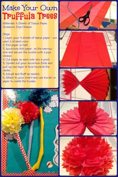 the instructions for how to make your own tropical trees with tissue flowers and pom poms