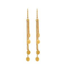 Add subtle glam to your everyday style with these tassel earrings, accented with dainty chain details and reversible queen coins, handcrafted in 22 karat yellow gold. The light-weight long waterfall drop earrings loop in easily into the ear lobe with a bent fish wire hook, having a stem thickness of 1.2 mm. Subtle Glam, Coin Earrings, Tassel Drop Earrings, Dainty Chain, Yellow Earrings, Gold Coin, Uncut Diamond, Diamond Bangle, Gold Drop Earrings