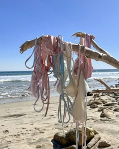 several pieces of cloth hanging from a tree branch on the beach with waves in the background