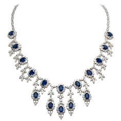 Sapphire Diamond Drop Necklace | From a unique collection of vintage Drop Necklaces at https://www.1stdibs.com/jewelry/necklaces/drop-necklaces/. Formal Sapphire Diamond Necklace In Fine Jewelry Style, Formal Sapphire Necklace With Single Cut Diamonds, Sapphire Diamond Necklace For Formal Occasions, Formal Sapphire Diamond Necklace, Formal Sapphire Diamond Necklace With Brilliant Cut, Vintage Diamond Necklace, Gold Drop Necklace, Diamond Drop Necklace, Beaded Snowflakes