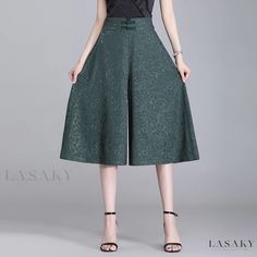 Lasaky - Elastic High-Waisted Jacquard Wide-Leg Trousers - Stylish and Casual Seven-Eighth Pants - Versatile Skirts and Trousers in Fashionable Design Elegant Non-stretch Knee-length Bottoms, Elegant Knee-length Bottoms, Elegant Green Bottoms With Pockets, Elegant Green Wide Leg Pants With Elastic Waistband, Elegant Stretch Green Wide Leg Pants, Versatile Skirts, Jacquard Pattern, Pant Length, Casual Wardrobe