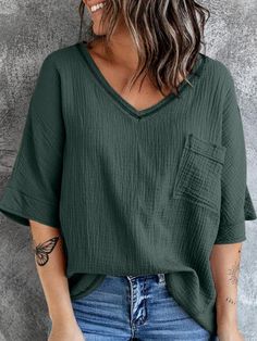 Half Sleeve Tops, Blouse Price, Pullover Designs, V Neck Blouse, Shorts With Pockets, Short Sleeve Blouse, V Neck Tops, T Shirt Top, Half Sleeves