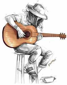 a drawing of a person sitting on a stool with a guitar in their hand and wearing a hat