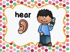 a boy holding a cell phone to his ear with the word hear in front of him