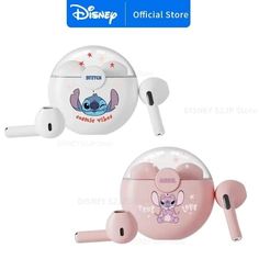 the disney store ear buds are pink and white with an image of stitch on them