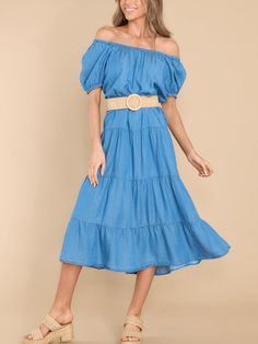 Dress to impress with this sophisticated MADELINA TIERED DENIM MIDI DRESS. Crafted with a luxe blend of cotton and denim, its tiered construction exudes an air of elegance and fashion-forward appeal. A must-have for any fashionable wardrobe, this modern midi is sure to turn heads. Size Guide: Model is 5’5” tall, and has a 33.25” bust, 26.5” waist, & 35.6” hips. She is wearing a S / US 4 / AU 8. This dress is true to size. Material: 65% Polyester, 35% Cotton Feature: Lightweight Fabrication. Shor Dress Tiered, Denim Midi Dress, Red Dress Boutique, Midi Dress Summer, Daily Dress, Blue Midi Dress, Tier Skirt, Dress Jewelry, Tiered Skirt