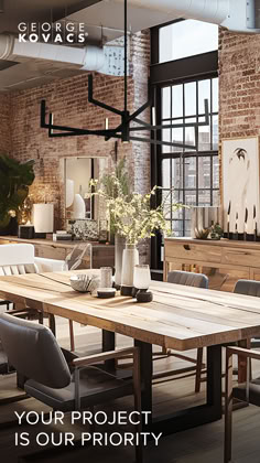 a large wooden table sitting inside of a room