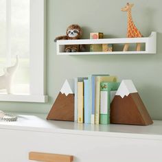 two shelves with books and stuffed animals on them