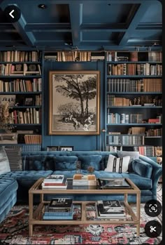 a living room filled with blue couches and bookshelves covered in lots of books