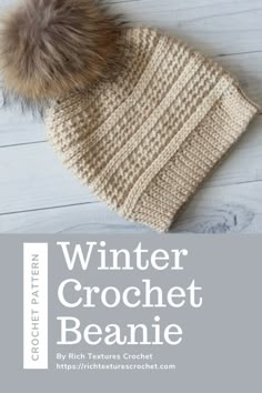 the winter crochet beanie is knitted in beige and has a brown pom