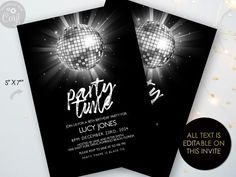 two black and white party flyers with disco balls