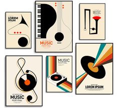 four different posters with music instruments and musical symbols on them, all in various colors