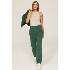 Green denim (100% Cotton). Jeans. Front zipper fly with button closure. 32" inseam. 11" rise. Imported. Green Wide Leg Jeans For Fall, High Rise Green Flare Jeans With Five Pockets, Green High-rise Flare Jeans With Five Pockets, Green High Rise Flare Jeans With Five Pockets, High Rise Green Flare Jeans For Fall, Green High Rise Flare Jeans For Fall, Everyday Spring Bottoms With Zipper Closure, Spring Bottoms With Zipper Closure For Everyday Wear, Green Straight Leg Jeans For Fall