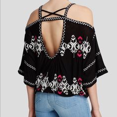 Gorgeous Top! Pretty Embroidery With Open Back Detail. Has Elastic At The Bottom. Hard To Measure Due To Style But Sizing Can Be Flexible Due To The Fit. Spring Black Top With Geometric Embroidery, Spring Black Tops With Geometric Embroidery, Black Top With Geometric Embroidery For Spring, Black Tops With Geometric Embroidery For Spring, Black Summer Blouse With Geometric Embroidery, Black Casual Top With Geometric Embroidery, Casual Black Tops With Geometric Embroidery, Casual Black Blouse With Geometric Embroidery, Black Blouse With Geometric Embroidery For Summer