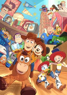 an animated cartoon character with many other characters in the background, including a cowgirl and cowboy