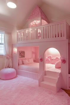 a bedroom with a pink bed and stairs in the ceiling, carpet on the floor