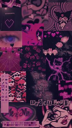 a collage of different images with the words dracula written on them in pink and black