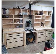 the workbench is being built and ready to be worked on in this garage