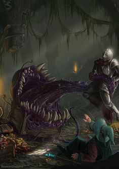 an image of two people in the dark with a giant alien attacking another person on his knees