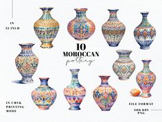 an assortment of colorful vases with the words moroccan pottery written in large, bold font