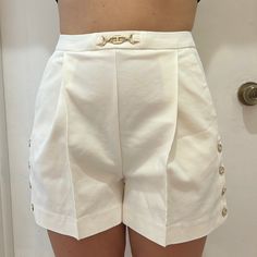 Size 26 Waist 13 1/2” Length 15” White High Waist Cotton Shorts, White High-waisted Shorts With Side Pockets, High-waisted White Cotton Bermuda Shorts, White High-waisted Shorts With Elastic Waistband, Beige High-waisted Shorts With Elastic Waistband, Color White, Womens Shorts, Women Shopping, White