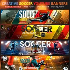 three soccer banners with different colors and designs