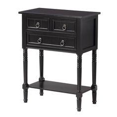 an end table with two drawers and one drawer on the bottom, is shown in black