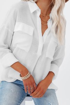 White Buttoned Long Sleeve Shirt with Pocket Weave Style, Midi Dress Casual, Women's Blouses, Fashion Color, Fashion Colours, Khaki Green, Women Tops, Easy Wear, Affordable Fashion