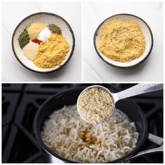 three pictures showing different types of food being cooked in the same pan as shown above