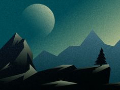 a mountain landscape with trees and mountains in the background at night, illustration painting style