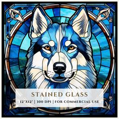 stained glass window with a dog's face in the center