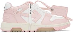 Low-top paneled buffed calfskin sneakers colorblocked in pink and white. Perforated detailing at round toe. Tonal lace-up closure. Embossed leather logo patch at padded tongue. Detachable signature zip-tie with press-stud fastening at single side. Padded heel collar. Logo embossed in black at mismatched heel tabs. Signature graphic logo appliqué at sides. Tonal mesh lining. Rubber midsole in off-white with logo embossed at heel. Tonal treaded rubber outsole in pink with translucent beige. Suppli College Wishlist, Off White Sneakers, Off White Clothing, Play Comme Des Garcons, Kiki De Montparnasse, Cute Sneakers, Heron Preston, Zip Ties, Pharrell Williams