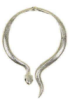 a silver snake necklace on a white background