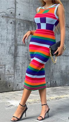 95% polyester Sleeveless plaid stripe midi bodycon dress Midi Dress Fall, Midi Tank Dress, Pencil Skirt Dress, Elegant Maxi Dress, Knitted Bodycon Dress, Autumn Clothes, Patchwork Dress, Daily Dress, Knit Midi