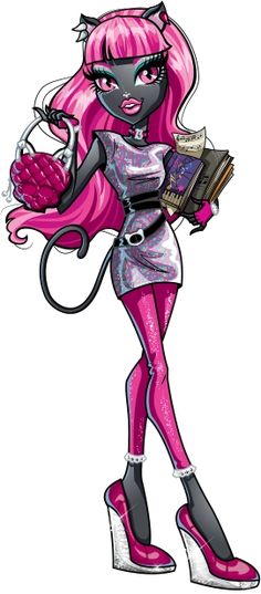 a cartoon character with pink hair holding a book and wearing high heeled shoes while standing in front of a white background