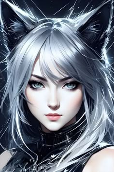 a woman with white hair and cat ears