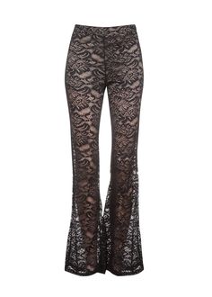 You're a vision in lace in these stunning pants! The sheer bell bottom pants are made out of gorgeous black lace and offer alluring flashes of skin. The top part is lined with nude shorts and has an elastic waist. Flirty flare features a slender fit through hip and thigh with a dramatic flared leg for some retro appeal. Easy pull-on style. Available in sizes S, M, and L. Made out of 92% nylon and 8% spandex (shell) and 100% polyester (lining). For a chic edge to a classic silhouette, these pants Lace Bell Bottoms, Nude Shorts, Shifting Wardrobe, Festival Outfits Rave, Velvet Flares, Outfits Rave, College Fits, Faux Leather Biker Jacket, Lace Pants