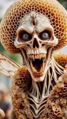 a skeleton with honeycombs on it's head and eyes, holding a beehive