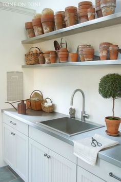 a kitchen with pots and plants on the shelves