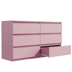 a pink dresser with two drawers on the bottom and an open drawer below it, against a white background