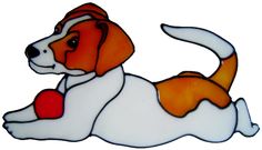 a brown and white dog laying down with a red ball in its mouth on the ground